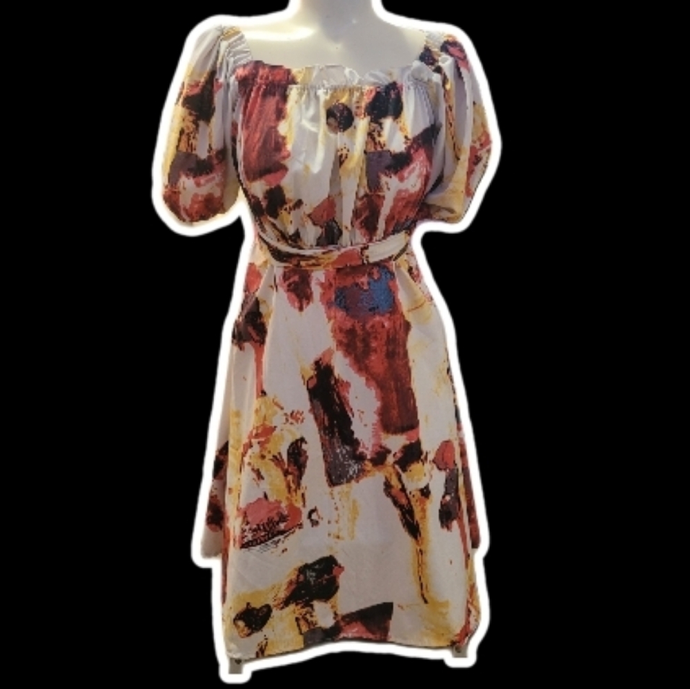 abstract floral print tie-waist back zip-up midi dress ᶻ 𝗓 𐰁 .ᐟ
